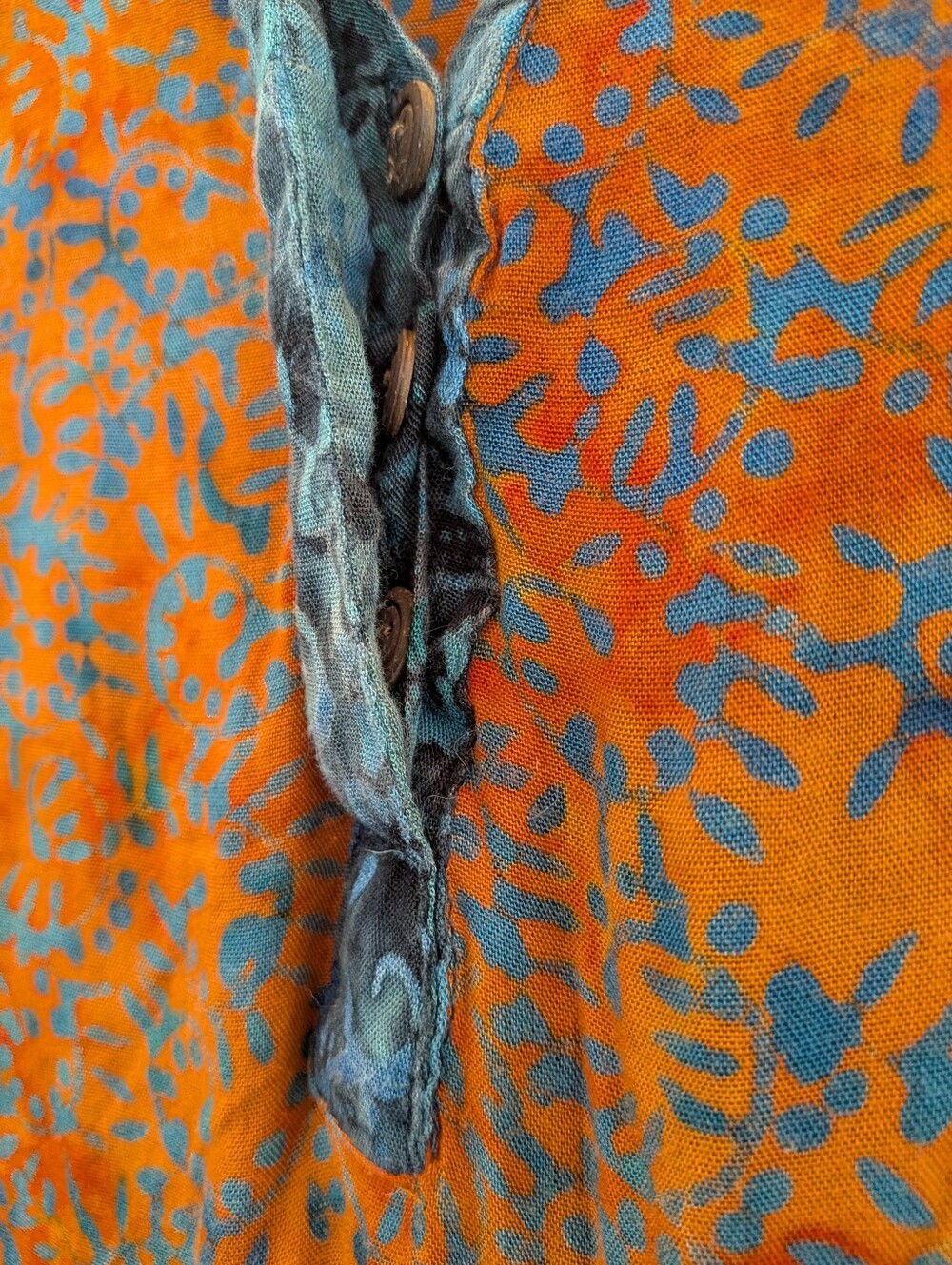 Boho Orange Teal Floral Maxi Dress Caftan Soft Surroundings 100% Rayon Batik PS - Picture 8 of 10